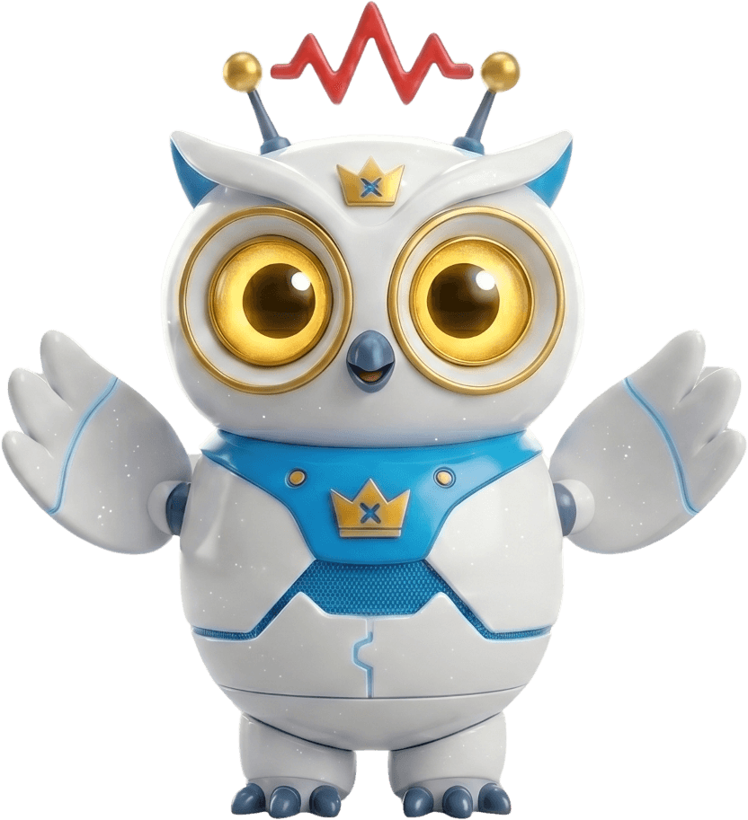 Vix, a coruja mascote da Robovix, de asas abertas